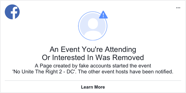 Screenshot of a message Facebook is sending to users who planned to attend a counter-protest to the next Unite the Right event.